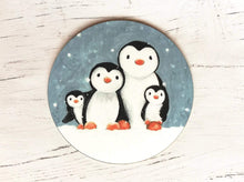 Load image into Gallery viewer, Penguin coaster. Family of four penguins painting in the snow
