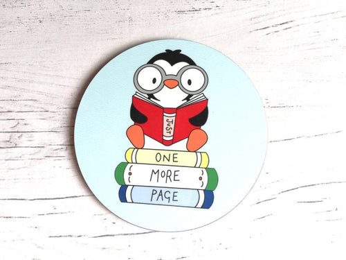 Book coaster, penguin, one more page, rainbow colours, pale blue table mat, book lover