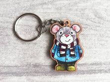 Load image into Gallery viewer, Mouse keyring, eco friendly, wooden mouse key fob, duffle coat and wellies key chain, wood bag charm, responsibly resourced wood
