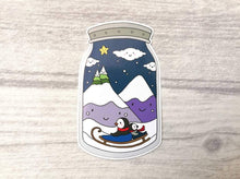 Load image into Gallery viewer, Penguin winter jam jar vinyl stickers, cute penguin sticker, mountains, sledging cute sticker

