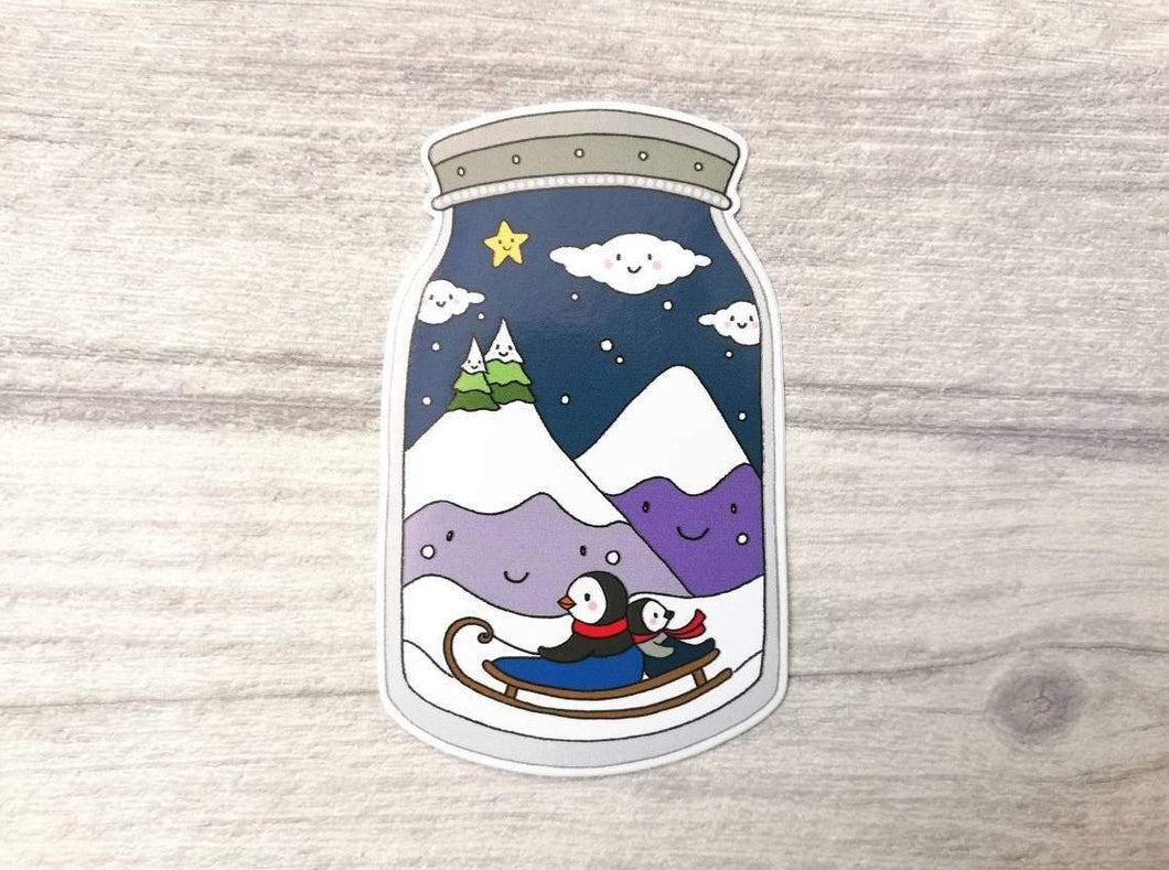 Penguin winter jam jar vinyl stickers, cute penguin sticker, mountains, sledging cute sticker