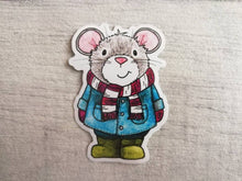 Load image into Gallery viewer, Grey mouse vinyl sticker, duffle coat, wellies and scarf mouse sticker
