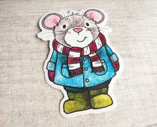 Load image into Gallery viewer, Grey mouse vinyl sticker, duffle coat, wellies and scarf mouse sticker

