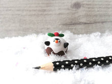 Load image into Gallery viewer, Pudding penguin. Little penguin in a box, Christmas miniature pottery penguin dressed as a pudding, ceramic quirky penguin Christmas gift
