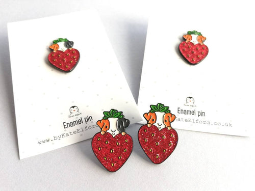 Guinea pig enamel pins, strawberry heart enamel badge, guinea pig glitter brooch, tri colour, ginger cavy badges