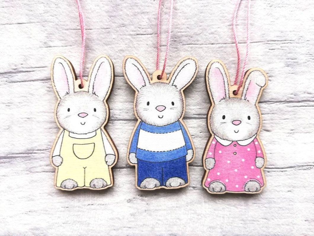 Easter bunny decorations. Set of three little wooden rabbits. Cute wooden Easter tree ornaments. Rabbit hanger, grey bunny tags.