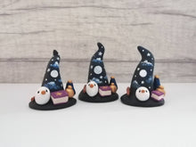 Load image into Gallery viewer, Witch Wizard hat. Miniature pottery witches hat, with owl, spell books, potions and wand. Hand painted moon and stars.
