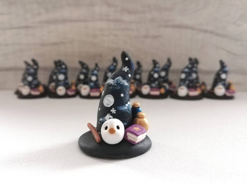 Witch Wizard hat. Miniature pottery witches hat, with owl, spell books, potions and wand. Hand painted moon and stars.