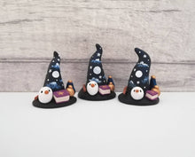 Load image into Gallery viewer, Witch Wizard hat. Miniature pottery witches hat, with owl, spell books, potions and wand. Hand painted moon and stars.
