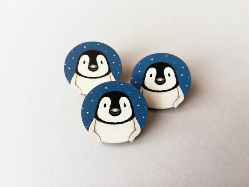 Penguin pin, wooden pin badge, cute little blue starry penguin chick brooch.