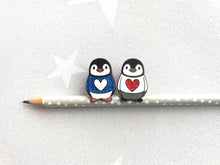 Load image into Gallery viewer, Penguin enamel pin, hello, glitter heart penguin chick, red and blue sparkly heart jumper badge, hard enamel brooch, sliver enamel badges
