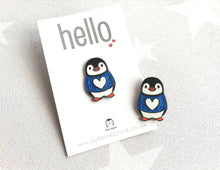 Load image into Gallery viewer, Penguin enamel pin, hello, glitter heart penguin chick, red and blue sparkly heart jumper badge, hard enamel brooch, sliver enamel badges
