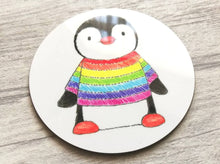 Load image into Gallery viewer, Glossy round rainbow penguin coaster
