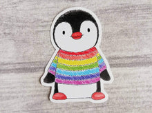 Load image into Gallery viewer, Penguin wearing a striped rainbow jumper vinyl decal
