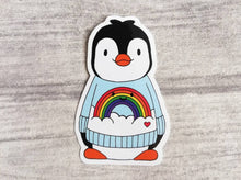Load image into Gallery viewer, Boo the penguin in a rainbow jumper, vinyl sticker
