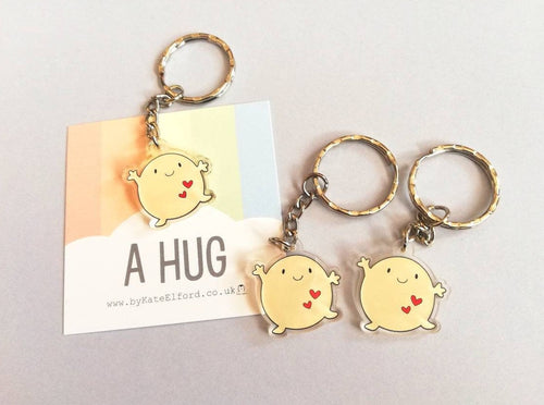 A hug keyring, cute positive mini key fob, friendship, postable hug, supportive, recycled acrylic