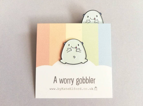 A worry gobbler enamel pin, cute blue blob, positive enamel brooch, friendship, care, supportive enamel badges