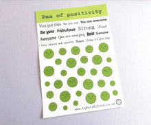 Load image into Gallery viewer, Pea of positivity vinyl sticker sheet, positive happy stickers, you&#39;re the best, friendship, cute stickers, planner, bullet point, journal
