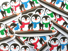 Load image into Gallery viewer, Penguins and pencil sticker, artist, writer penguin sticker, eco friendly sticker
