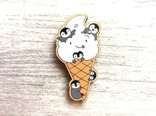 Load image into Gallery viewer, Small wooden, happy ice cream magnet, there are five little grey penguin chicks playing on the ice cream and cone
