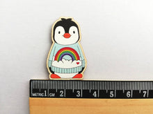 Load image into Gallery viewer, Penguin magnet, rainbow and cloud jumper, little penguin wooden fridge magnet.
