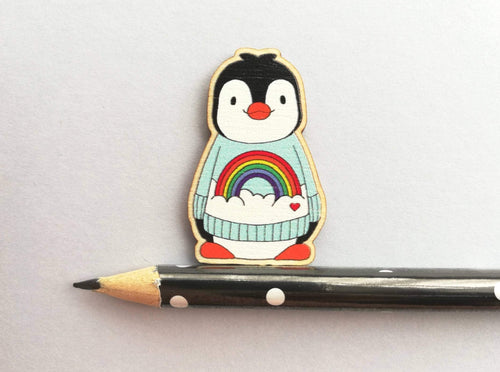 Penguin magnet, rainbow and cloud jumper, little penguin wooden fridge magnet.