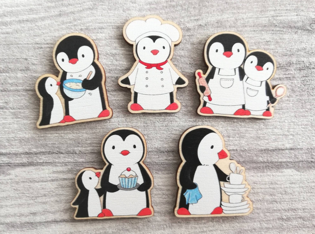 Kitchen penguin magnet set, little chef, baking, cooking, aprons, cake, wooden fridge magnet. Eco friendly responsibly sourced wood