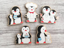 Load image into Gallery viewer, Set of wooden kitchen penguin magnets, chef, baking, cupcake, washing up and mixing bowl
