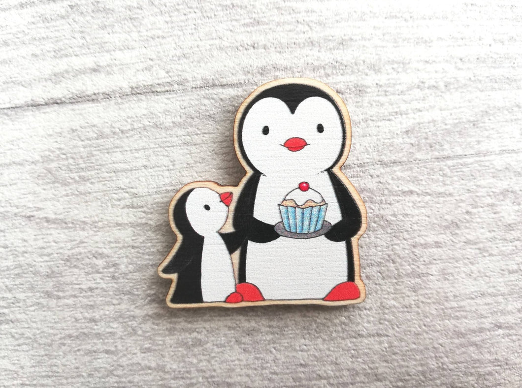 Penguins and cupcake wooden magnet