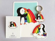 Load image into Gallery viewer, Rainbow penguin postcard. Penguin painting a rainbow, postcard for posting or framing

