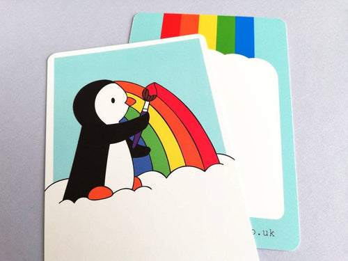 Rainbow penguin postcard. Penguin painting a rainbow, postcard for posting or framing
