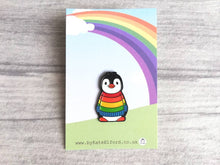 Load image into Gallery viewer, Rainbow penguin soft enamel pin, penguin brooch. Rainbow jumper, boo the penguin
