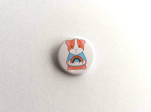 Load image into Gallery viewer, Mini guinea pig button badge, wearing a happy rainbow and cloud jumper
