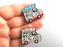 Load image into Gallery viewer, Penguin ice cream van enamel pin, road trip, Wilf penguin badge, cute truck pins, soft enamel lolly brooch pins, blue or pink van badges
