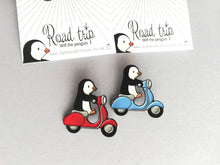 Load image into Gallery viewer, Seconds - Penguin scooter enamel pin, penguin badge, cute scooter pins
