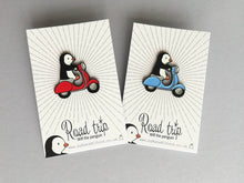 Load image into Gallery viewer, Seconds - Penguin scooter enamel pin, penguin badge, cute scooter pins
