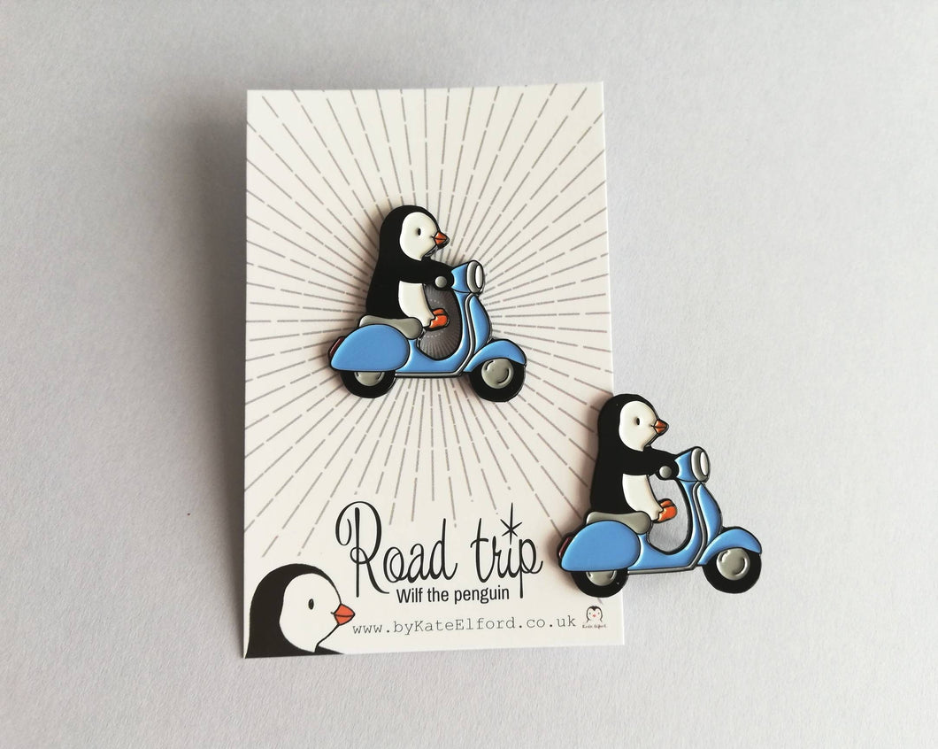 Seconds - Penguin scooter enamel pin, penguin badge, cute scooter pins