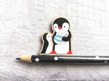 Load image into Gallery viewer, Kitchen penguins, little mixing bowl magnet, baking, wooden penguin, fridge magnet
