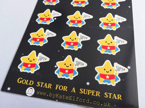 An A6 sticker sheet, with gold star for a super star written on it. There are lots of little star stickers in blue capes and red pants holding a flag saying super