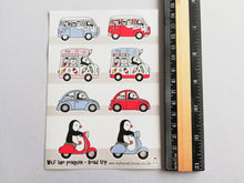 Load image into Gallery viewer, Wilf the penguin. Road trip vinyl sticker sheet, campervan, scooter, ice cream van and beetle sticker, cute, planner, bullet point, journal

