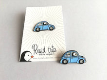 Load image into Gallery viewer, Penguin beetle enamel pin, Wilf on a road trip, little penguin badge, cute car pins, soft enamel brooch pins, blue or red enamel badges
