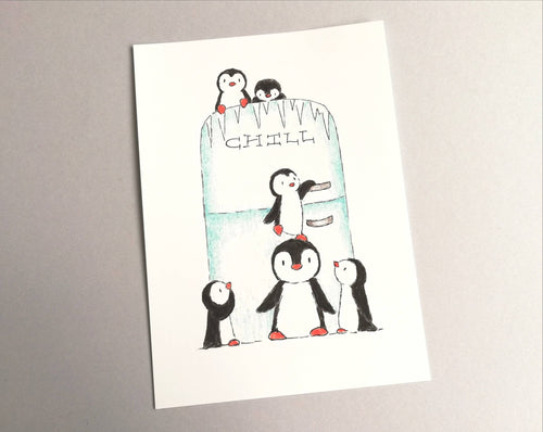 Penguin kitchen picture, cute chill penguins, fridge, freezer, unframed 7x5