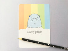 Load image into Gallery viewer, A worry gobbler postcard. A happy, positive message for posting or framing. Anxiety, worry, care gift
