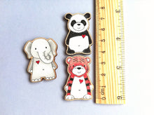 Load image into Gallery viewer, Panda, tiger and elephant wooden magnets, cute wildlife love heart design
