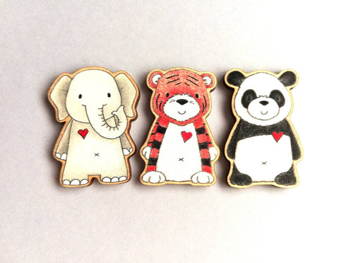 Panda, elephant or tiger magnets, individual or set of three. Small wooden magnet. Wild animals. Responsibly resourced wood