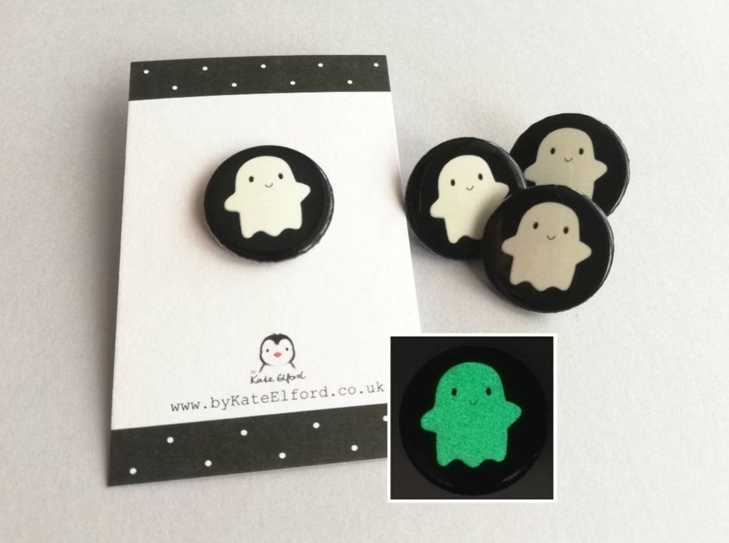Small ghost button badge pin, mini happy glow in the dark ghost pin, cute ghost