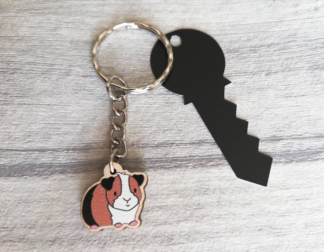Mini guinea pig keyring, small cavy wooden key fob, ethically sourced wood, tri colour guinea pig key chain, bag charm