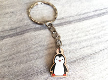 Load image into Gallery viewer, Tiny penguin keyring, mini penguin wooden key fob, ethically sourced wood, penguin key chain, bag charm
