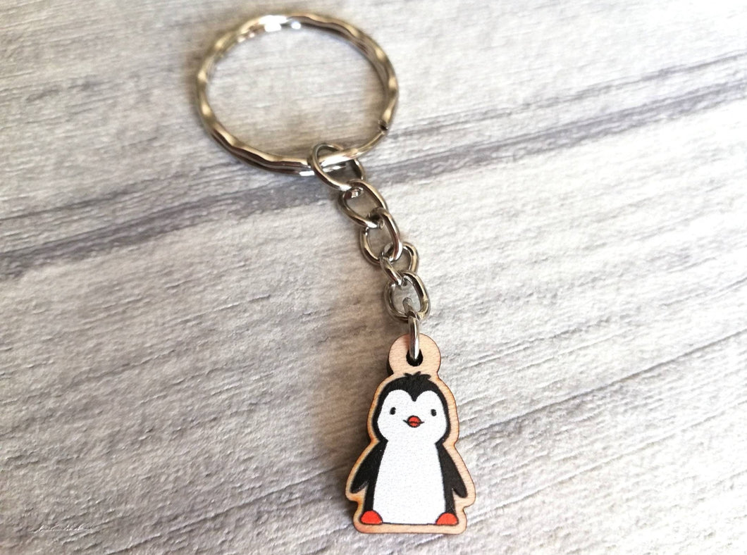 Tiny penguin keyring, mini penguin wooden key fob, ethically sourced wood, penguin key chain, bag charm