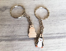 Load image into Gallery viewer, Tiny penguin keyring, mini penguin wooden key fob, ethically sourced wood, penguin key chain, bag charm
